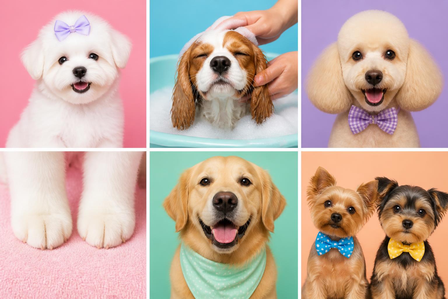 Freshly groomed fluffy puppy wearing a bow